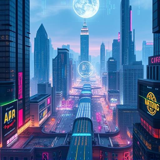Futuristic cityscape with gamified overlays and virtual interfaces