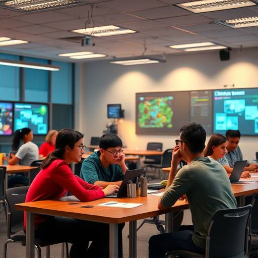 Students collaborating on a gamified project in a classroom setting